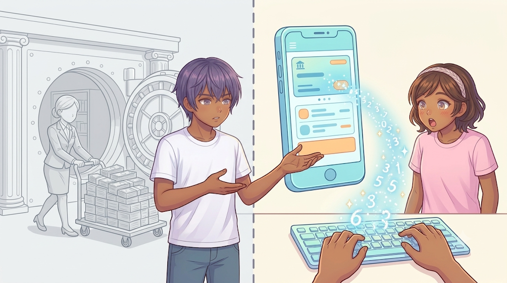 銀行が数字を入力してお金を生み出すイラスト